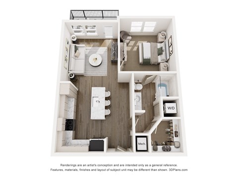 Floor plan for 1 bed, 1 bath, 740 sqft